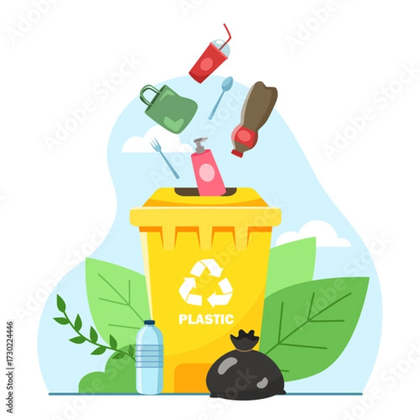 Fototapeta Yellow plastic recycling bin with various plastic waste items, flat graphic style, set on a nature-themed background. Concept of recycling. Vector illustration
