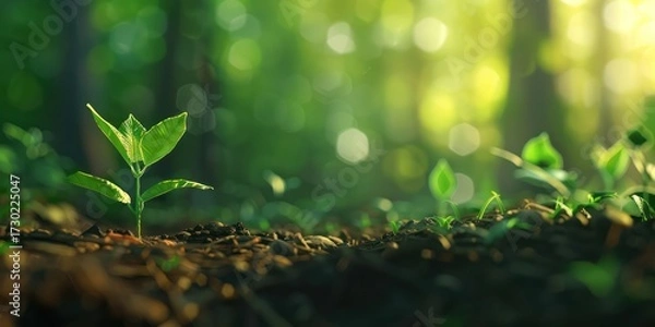 Obraz Small young plant sprout grow on ground forest floor bokeh light lush green horizontal.