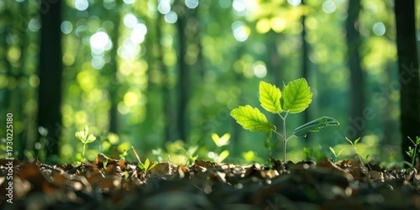 Obraz Small young plant ecosystem sprout grow on ground forest floor bokeh light lush green.