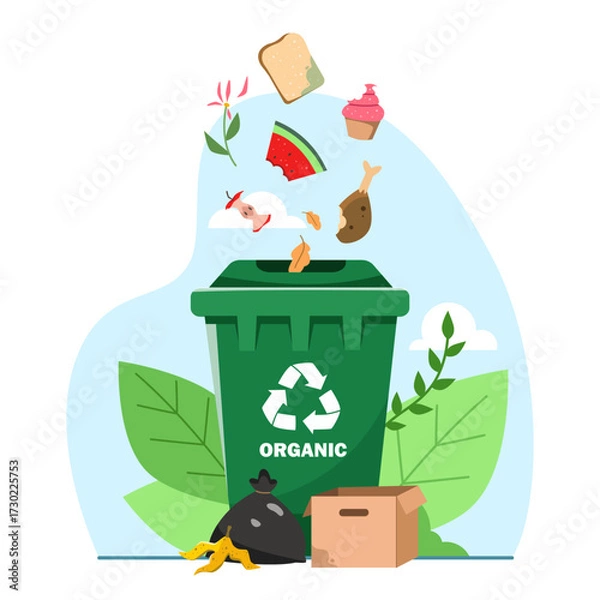 Fototapeta Organic waste like fruits, bread, meat falling into green recycling bin, flat graphic style, on abstract nature background, concept of composting. Vector illustration