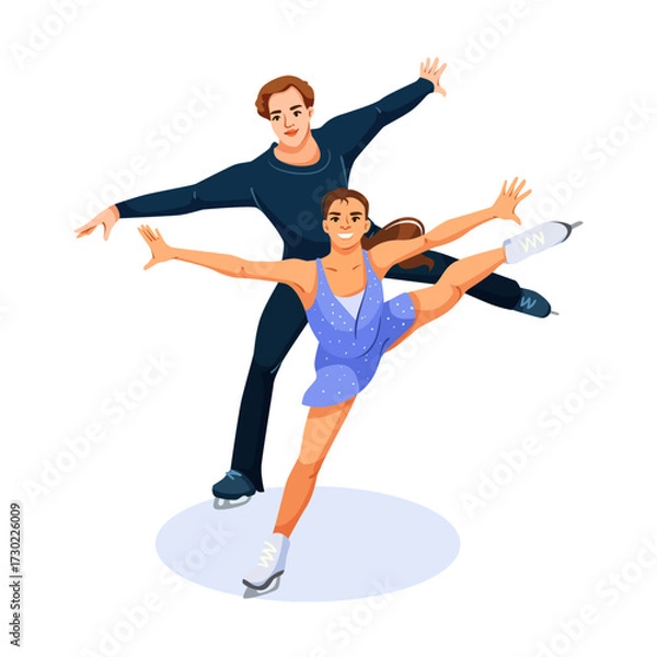 Fototapeta Man and woman figure skating in costume on white background, performing synchronized dance pose, concept of artistic ice skating. Vector illustration