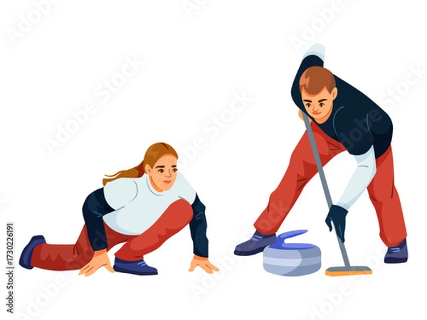 Fototapeta Two curling players in action, flat graphic style, isolated white background. Concept of teamwork and winter sports strategy. Vector illustration