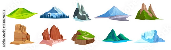 Fototapeta Collection of various stylized mountain shapes with different colors and terrains, flat graphic style, isolated on white. Vector illustration
