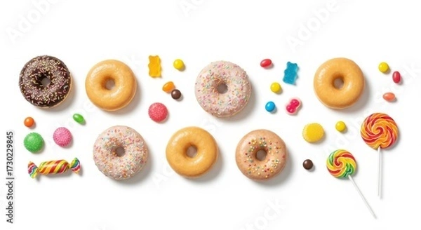 Fototapeta Colorful assortment of donuts and candies against a clean white background