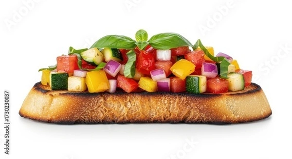 Fototapeta Colorful Bruschetta with fresh vegetables on toasted bread isolated
