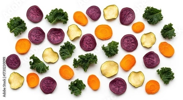 Fototapeta Colorful vegetable chips and kale leaves on a white background flat lay
