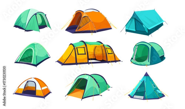 Fototapeta Various types of camping tents in vibrant colors and styles, flat graphic style on white background. Concept of outdoor adventure gear. Vector illustration