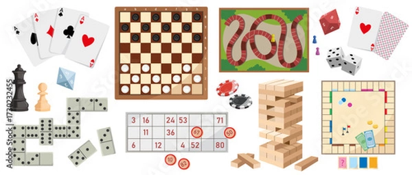 Fototapeta Collection of classic board games, card games, dice, and game pieces in flat graphic style, shown on white background. Concept of leisure and fun. Vector illustration