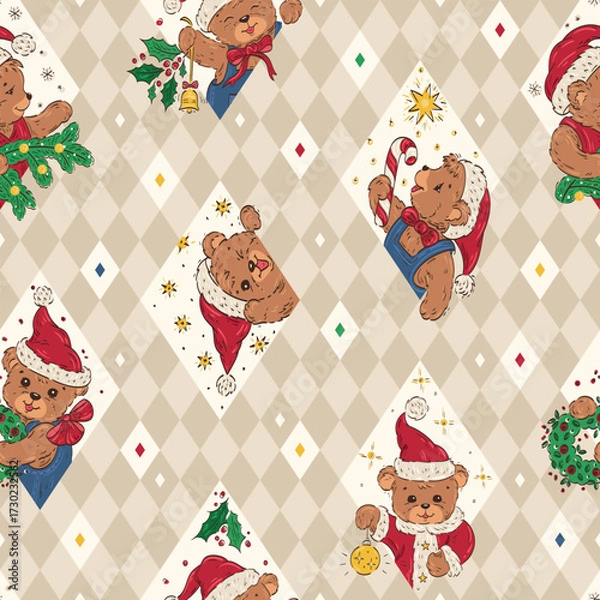 Fototapeta Cute Christmas Teddy Bears in Santa Hats Seamless Argyle Pattern vector illustration
