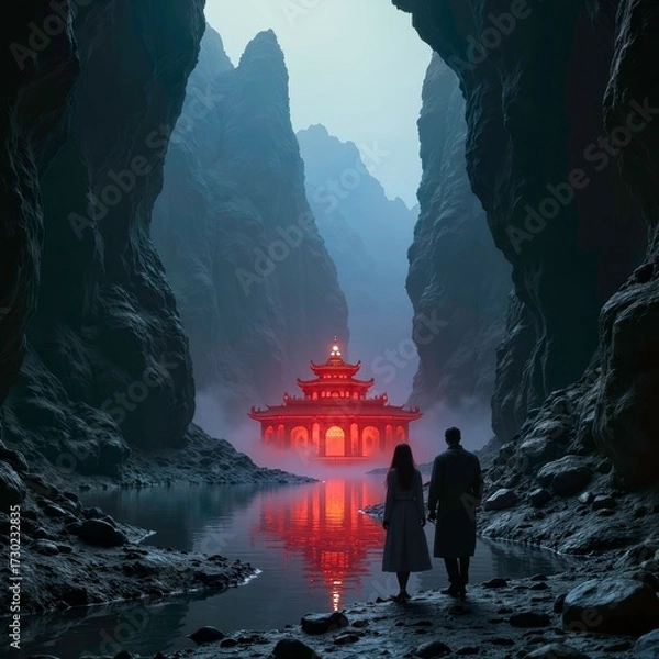Fototapeta Characters and Ancient Buildings by the Canyon