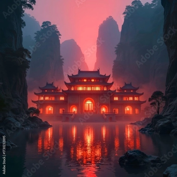 Fototapeta The magnificent lighting scene of ancient buildings in the canyon