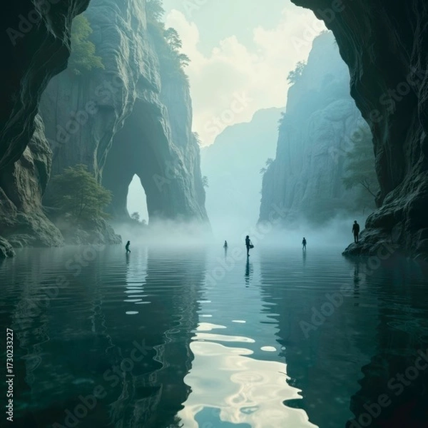 Fototapeta The calm water landscape in front of the cave