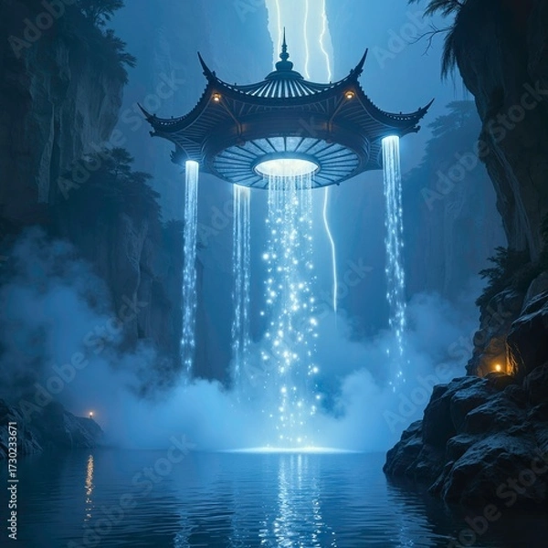 Fototapeta Hanging Pavilion and Multi story Waterfall Landscape