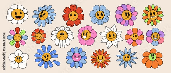 Fototapeta Collection of hand-drawn cartoon flowers with various facial expressions and emotions on a light background. Concept of emotion expression. Vector illustration