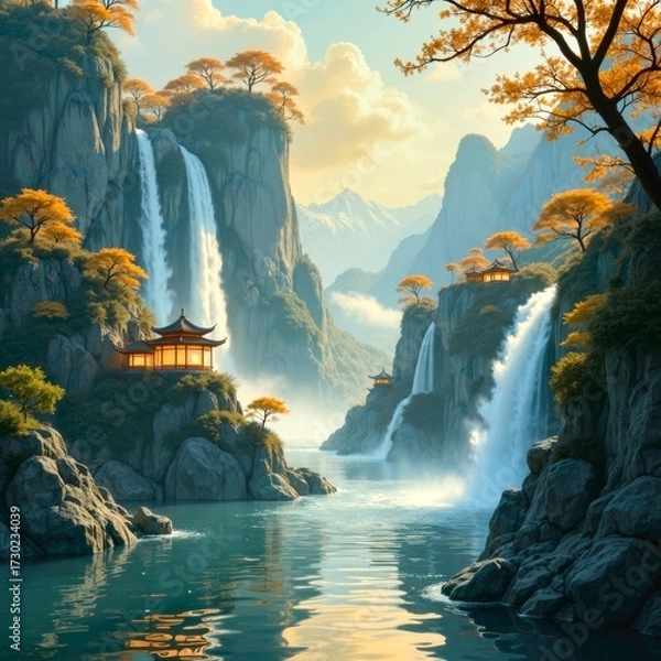 Fototapeta Waterfalls and Ancient Buildings in Autumn Scenery