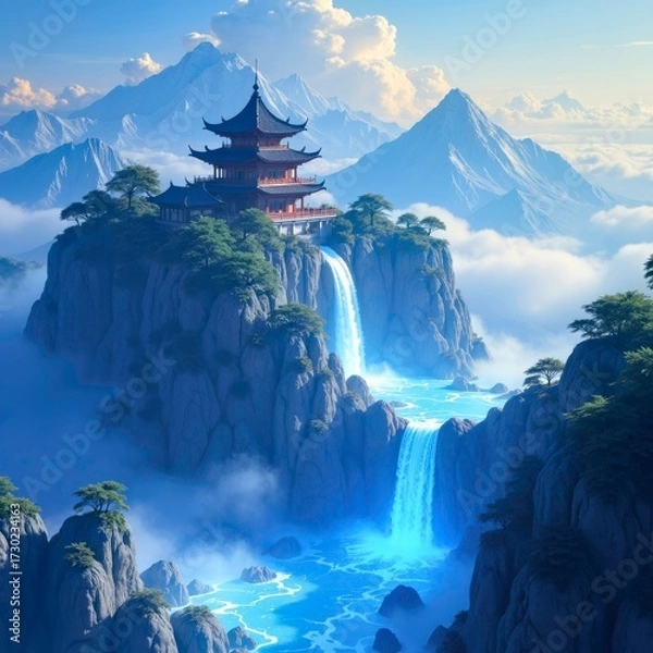 Fototapeta The ancient architecture on the mountaintop and the magnificent scenery of waterfalls