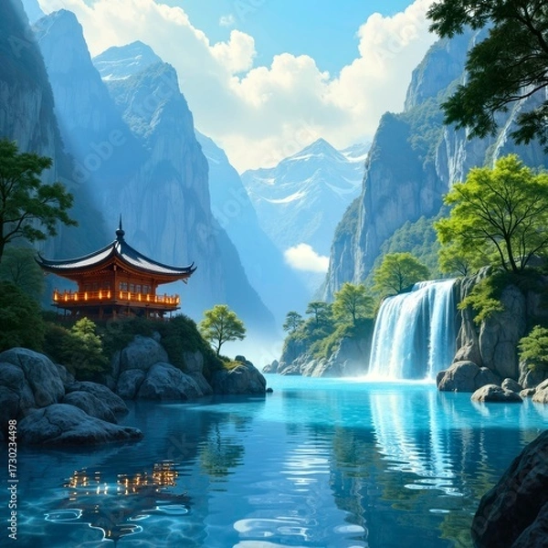 Fototapeta Ancient buildings and waterfalls in the mountains and waters
