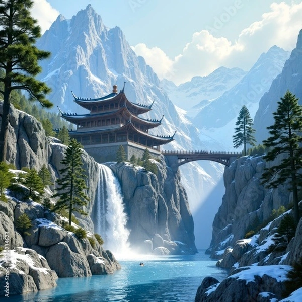 Fototapeta Mountain ancient architecture and magnificent waterfall scenery