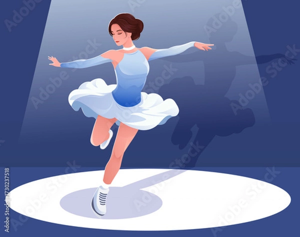 Fototapeta Graceful woman ice skating in spotlight, flat style, dark blue background, concept of performance and elegance. Vector illustration