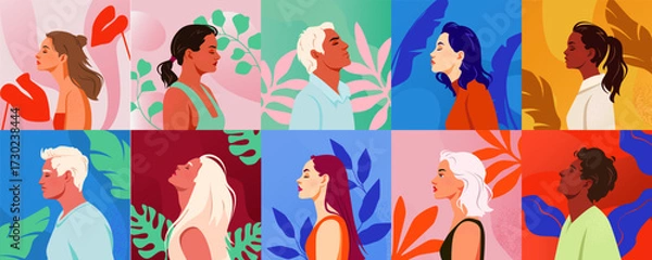 Fototapeta Side profile portraits of diverse individuals in colorful abstract settings with plant elements, modern flat graphic style. Vector illustration