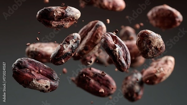 Obraz Falling cocoa beans, captured in mid-air with rich, deep colors to symbolize the natural process of harvesting chocolate.