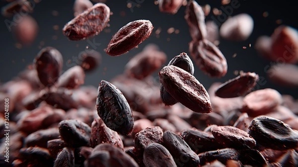 Obraz Falling cocoa beans, captured in mid-air with rich, deep colors to symbolize the natural process of harvesting chocolate.
