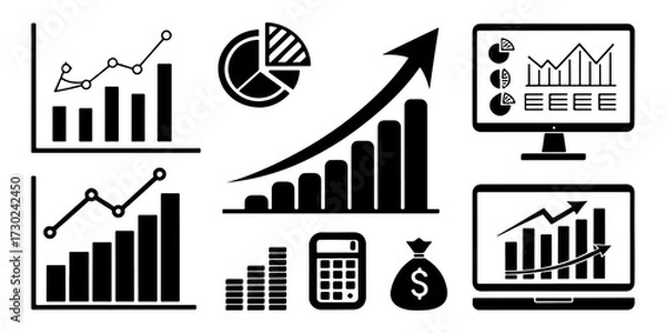 Fototapeta Set of Profit growing icon. Isolated vector icon. Financial success and profit growth symbol. Business development and progress chart. Market trend and data analysis vector illustration.