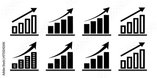 Fototapeta Set of Growing bar graph icon with arrow going up. Progress bar. Growing graph icon graph sign. Chart increase profit. Growth success arrow icon.