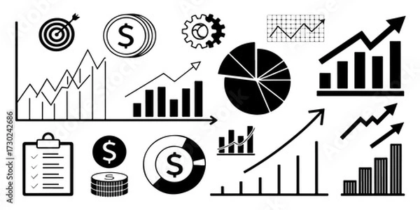 Fototapeta Set of Growing bar graph icon with arrow going up. Progress bar. Growing graph icon graph sign. Chart increase profit. Growth success arrow icon.