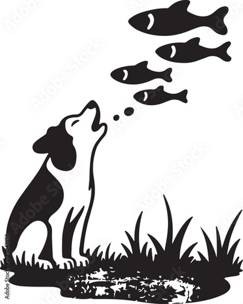Fototapeta Whimsical dog howling at silhouetted fish in the sky artwork for digital and print use vector
