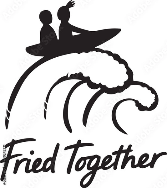 Fototapeta Couple silhouettes surfing on a giant tempura wave embracing togetherness and fun adventure vector