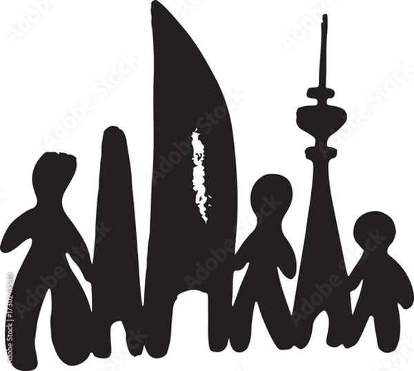 Fototapeta Community silhouette art featuring people holding hands against abstract futuristic cityscape skyline symbolizing unity vector