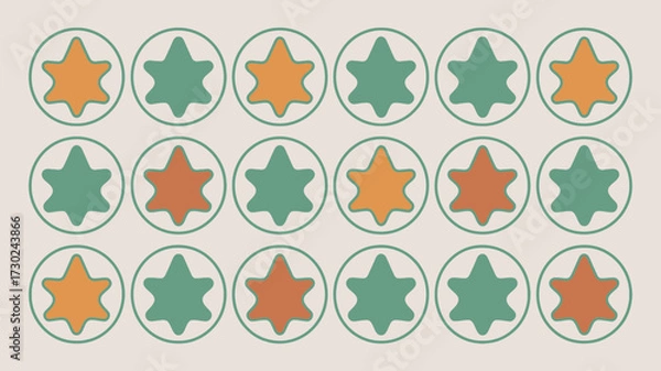 Obraz Pattern of orange and green six pointed stars inside circles arranged in rows on a light background