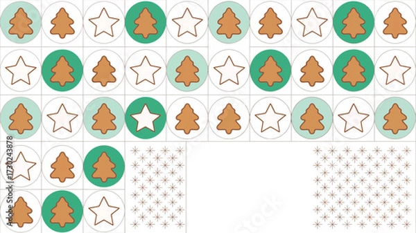 Obraz A christmas pattern with trees and stars in circles on a grid with snowflakes in the corner area