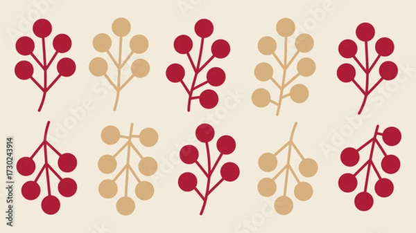 Obraz Pattern of red and beige berry sprigs arranged in rows on a cream colored background creating a design