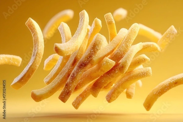 Obraz Falling French fries, captured mid-air with crisp edges and golden color, creating a fun and dynamic food shot.