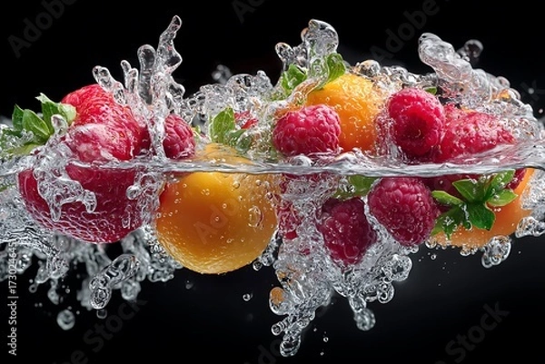 Obraz Fresh assorted fruits splashing into clear water, creating a refreshing scene full of vibrant colors and natural beauty.