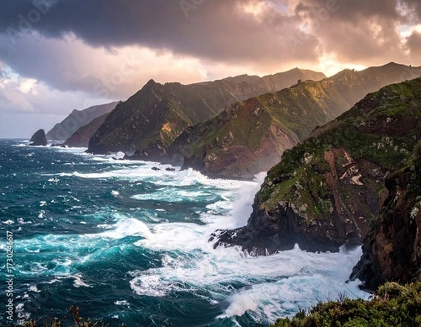 Fototapeta Dramatic Coastal Cliffs with Ocean Waves at Sunset