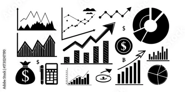Fototapeta Set of Profit growing icon. Isolated vector icon. Financial success and profit growth symbol. Business development and progress chart. Market trend and data analysis vector illustration.
