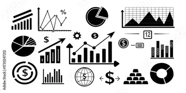 Fototapeta Set of Profit growing icon. Isolated vector icon. Financial success and profit growth symbol. Business development and progress chart. Market trend and data analysis vector illustration.