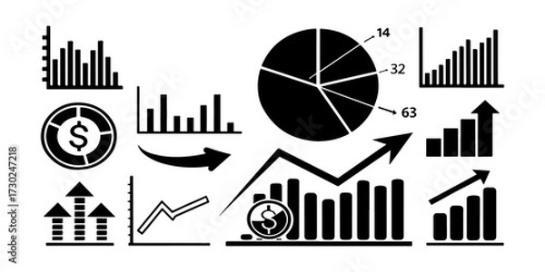 Fototapeta Set of Profit growing icon. Isolated vector icon. Financial success and profit growth symbol. Business development and progress chart. Market trend and data analysis vector illustration.