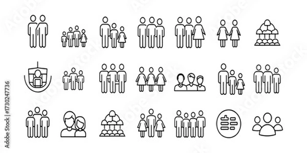 Fototapeta Family, relationship icon set. Parents with children, family bonding, pregnant, playing with kids, reading together, spending time at home. Family life, childcare. Line with vector illustration.