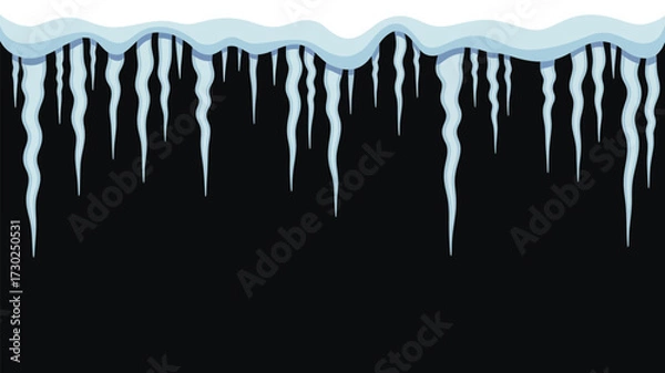Fototapeta A cartoon depiction of snow and icicles hanging down against a solid black background illustration art