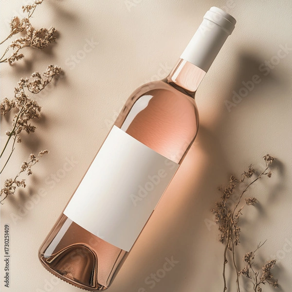 Fototapeta Neutral beige background with a Rose wine bottle mockup and blank label.