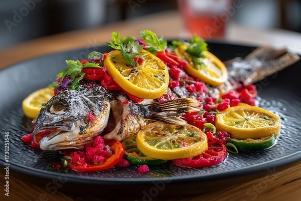 Obraz Grilled whole fish, garnished with citrus and peppers, offering a vibrant and flavorful dish with an enticing presentation.