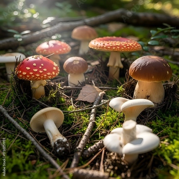 Obraz A captivating photo of various wild mushrooms, including Amanita and Boletus species, growing in a sun-dappled forest setting among moss and branches
