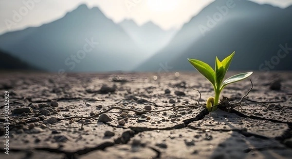 Fototapeta ​A single green seedling sprouts from dry, cracked earth with blurred, hazy mountains in the background, symbolizing resilience and new life
