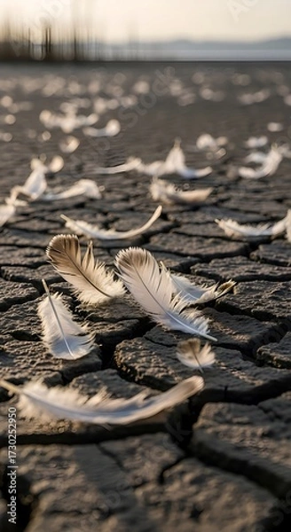 Obraz Soft white and brown feathers rest on deeply cracked, dry earth, symbolizing a stark contrast between delicate nature and harsh drought conditions