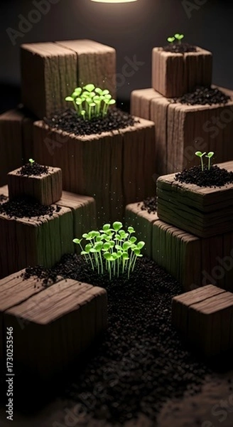 Obraz An artful, dramatic shot of tiny green seedlings sprouting from rich, dark soil atop stacked wooden blocks under a focused light
