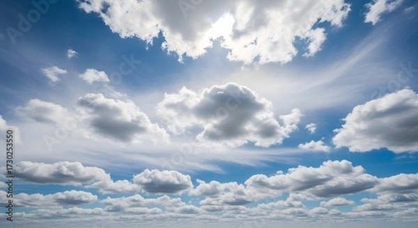 Fototapeta Bright sun shines through scattered cumulus clouds in a vast blue sky, creating a peaceful, wide-open vista
